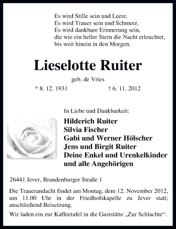 Traueranzeige von Lieselotte Ruiter von Ostfriesischer Kurier