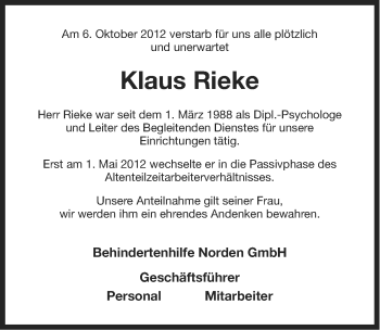 Traueranzeige von Klaus Rieke von Ostfriesischer Kurier