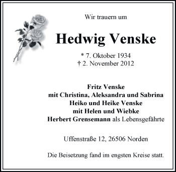 Traueranzeige von Hedwig Venske von Ostfriesischer Kurier