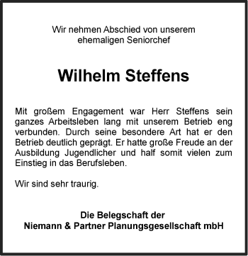 Traueranzeige von Wilhelm Steffens von Ostfriesischer Kurier