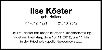 Traueranzeige von Ilse Köster von Ostfriesischer Kurier
