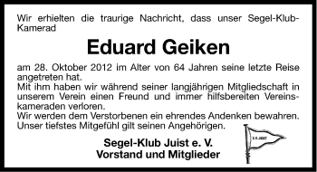 Traueranzeige von Eduard Geiken von Ostfriesischer Kurier