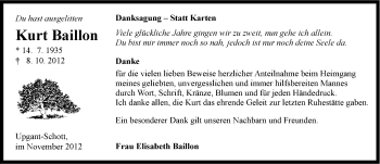 Traueranzeige von Kurt Baillon von Ostfriesischer Kurier