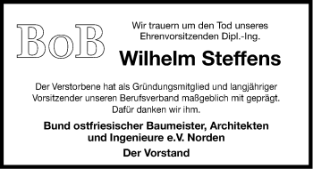 Traueranzeige von Wilhelm Steffens von Ostfriesischer Kurier