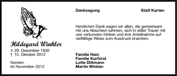 Traueranzeige von Hildegard Winkler von Ostfriesischer Kurier