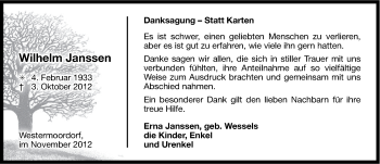 Traueranzeige von Wilhelm Janssen von Ostfriesischer Kurier