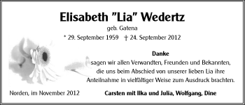 Traueranzeige von Elisabeth Wedertz von Ostfriesischer Kurier