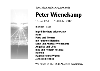 Traueranzeige von Peter Wienekamp von Ostfriesischer Kurier
