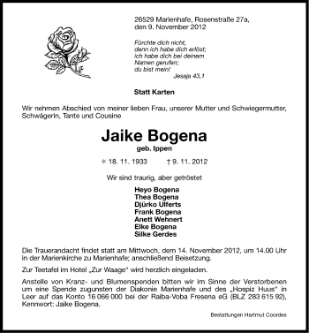 Traueranzeige von Jaike Bogena von Ostfriesischer Kurier