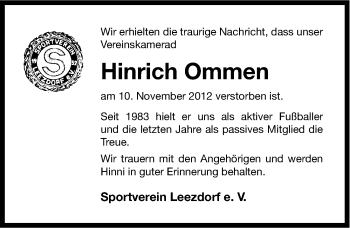 Traueranzeige von Hinrich Ommen von Ostfriesischer Kurier
