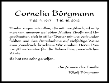 Traueranzeige von Cornelia Börgmann von Ostfriesischer Kurier