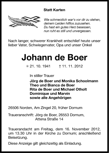 Traueranzeige von Johann de Boer von Ostfriesischer Kurier