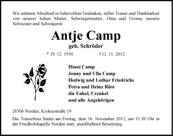 Traueranzeige von Antje Camp von Ostfriesischer Kurier
