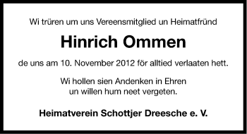 Traueranzeige von Hinrich Ommen von Ostfriesischer Kurier