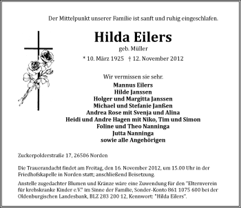 Traueranzeige von Hilda Eilers von Ostfriesischer Kurier
