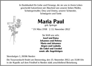 Traueranzeige von Maria Paul von Ostfriesischer Kurier