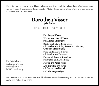 Traueranzeige von Dorothea Visser von Ostfriesischer Kurier