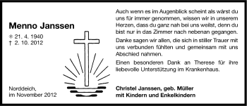 Traueranzeige von Menno Janssen von Ostfriesischer Kurier