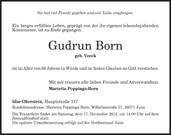 Traueranzeige von Gudrun Born von Ostfriesischer Kurier