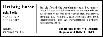 Traueranzeige von Hedwig Busse von Ostfriesischer Kurier
