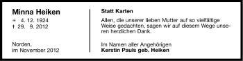 Traueranzeige von Minna Heiken von Ostfriesischer Kurier