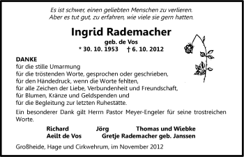 Traueranzeige von Ingrid Rademacher von Ostfriesischer Kurier