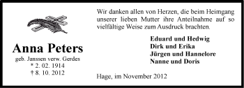 Traueranzeige von Anna Peters von Ostfriesischer Kurier
