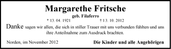 Traueranzeige von Margarethe Fritsche von Ostfriesischer Kurier