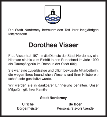 Traueranzeige von Dorothea Visser von Ostfriesischer Kurier