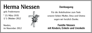 Traueranzeige von Herma Niessen von Ostfriesischer Kurier