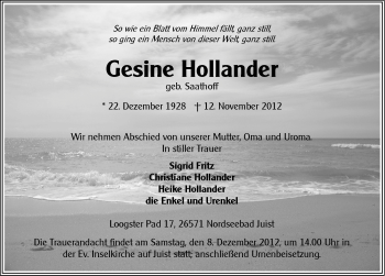 Traueranzeige von Gesine Hollander von Ostfriesischer Kurier