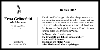 Traueranzeige von Erna Grönefeld von Ostfriesischer Kurier