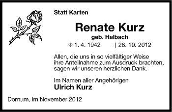 Traueranzeige von Renate Kurz von Ostfriesischer Kurier