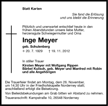 Traueranzeige von Inge Meyer von Ostfriesischer Kurier