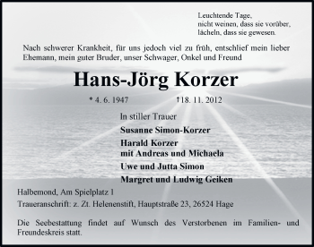 Traueranzeige von Hans-Jörg Korzer von Ostfriesischer Kurier
