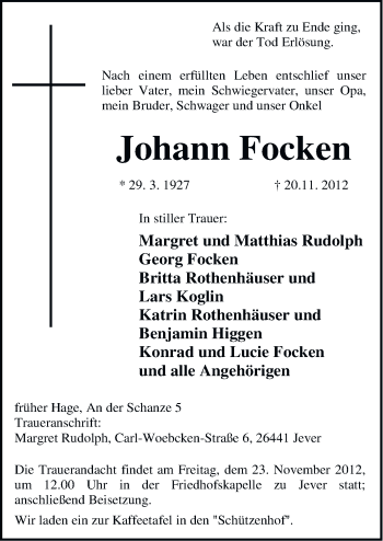 Traueranzeige von Johann Focken von Ostfriesischer Kurier