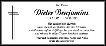Traueranzeige von Dieter Benjamins von Ostfriesischer Kurier