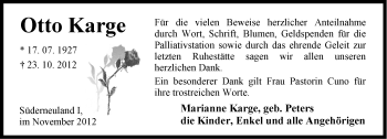 Traueranzeige von Otto Karge von Ostfriesischer Kurier
