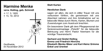 Traueranzeige von Harmine Menke von Ostfriesischer Kurier