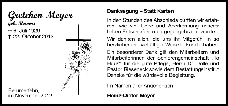  Traueranzeige für Gretchen Meyer vom 24.11.2012 aus Ostfriesischer Kurier