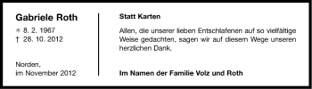 Traueranzeige von Gabriele Roth von Ostfriesischer Kurier