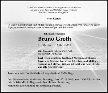 Traueranzeige von Bruno Groth von Ostfriesischer Kurier