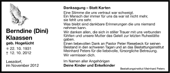 Traueranzeige von Berndine Klaassen von Ostfriesischer Kurier
