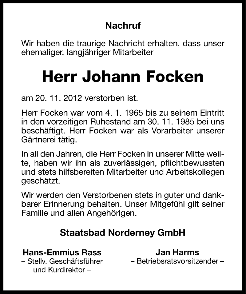  Traueranzeige für Johann Focken vom 24.11.2012 aus Ostfriesischer Kurier