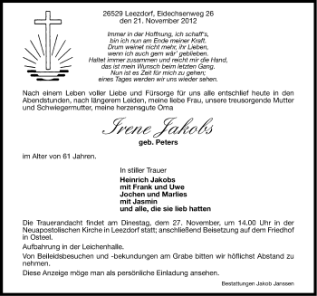 Traueranzeige von Irene Jakobs von Ostfriesischer Kurier