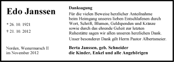 Traueranzeige von Edo Janssen von Ostfriesischer Kurier
