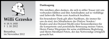 Traueranzeige von Willi Grzesko von Ostfriesischer Kurier