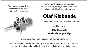 Traueranzeige von Olaf Klabunde von Ostfriesischer Kurier