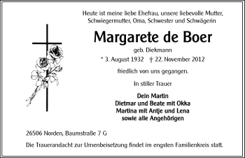 Traueranzeige von Margarete de Boer von Ostfriesischer Kurier
