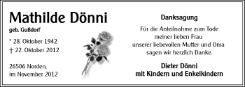 Traueranzeige von Mathilde Dönni von Ostfriesischer Kurier